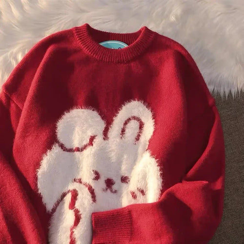 Load image into Gallery viewer, Japanese Cute Rabbit Jacquard Sweater Women Black Pullover Sueter Mujer Y2k Top Jumper Harajuku Knit   Tops
