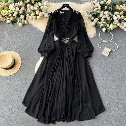Load image into Gallery viewer, French Women Solid V Neck Diamond Elegant High Waist Pleated Dresses Autumn Winter Slim Long Sleeve Holiday Dress Ladies Popular
