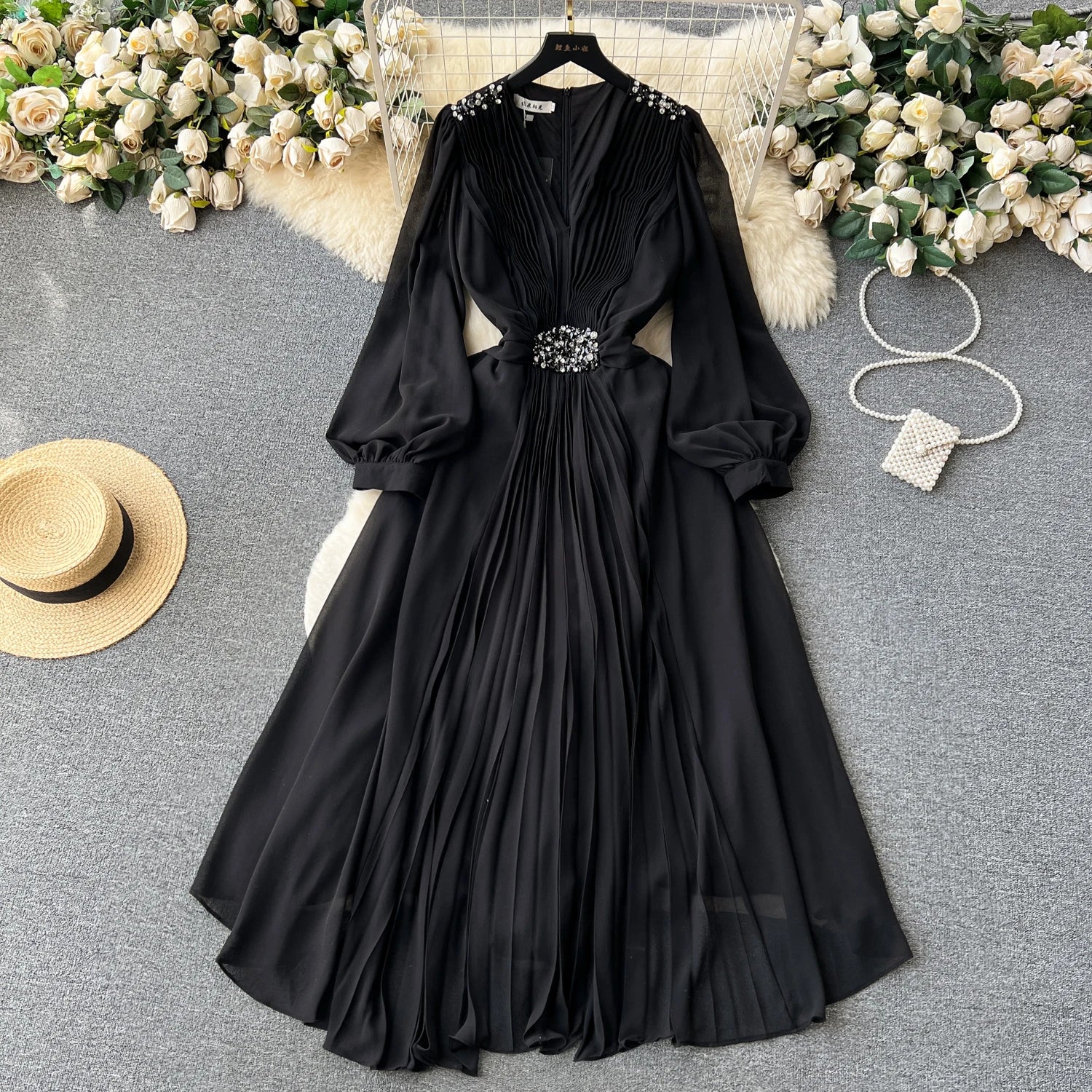French Women Solid V Neck Diamond Elegant High Waist Pleated Dresses Autumn Winter Slim Long Sleeve Holiday Dress Ladies Popular