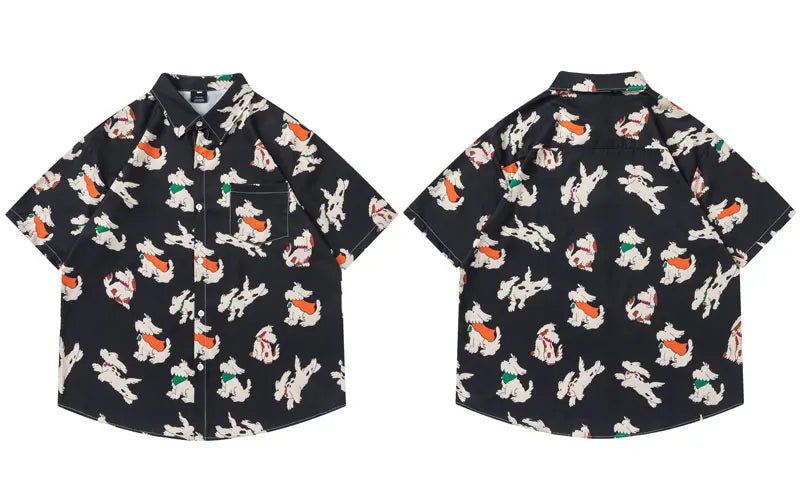 Hawaiian Shirts Cartoon Dog Graphic Printed Beach Blouse Harajuku Baggy Button Up Short Sleeve Shirt Hip Hop Casual Summer Tops