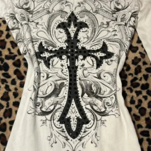 Load image into Gallery viewer, Harajuku Vintage Cross Printing T-shirts Streetwear White Y2k Aesthetic Loose Sexy Tshirts Women Grunge Diamond Autumn Tops
