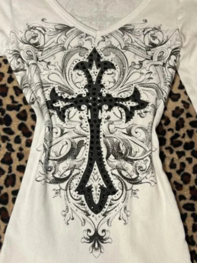 Harajuku Vintage Cross Printing T-shirts Streetwear White Y2k Aesthetic Loose Sexy Tshirts Women Grunge Diamond Autumn Tops