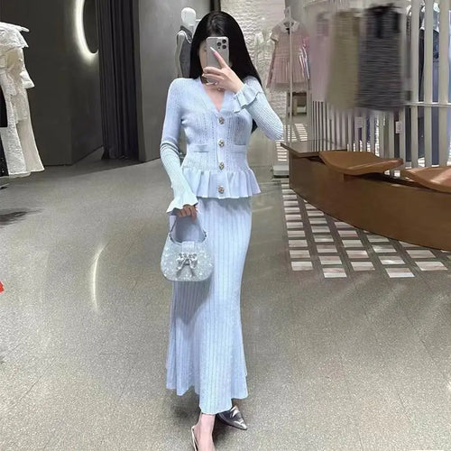 Load image into Gallery viewer, French Women Black White V Neck Elegant Slim Long Sleeved Dress Spring Blue Single Breasted Office Lady Knit Fishtail Dress Chic
