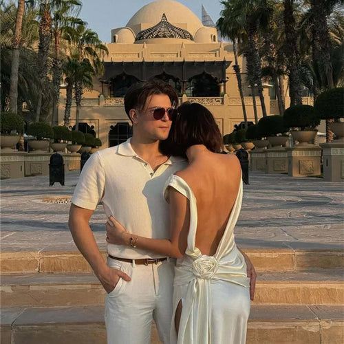 Load image into Gallery viewer, Satin Backless Sexy Maxi Dress For Women Elegant Rose Thigh High Split Beach Holiday Long Dress Gorgeous Club Gown
