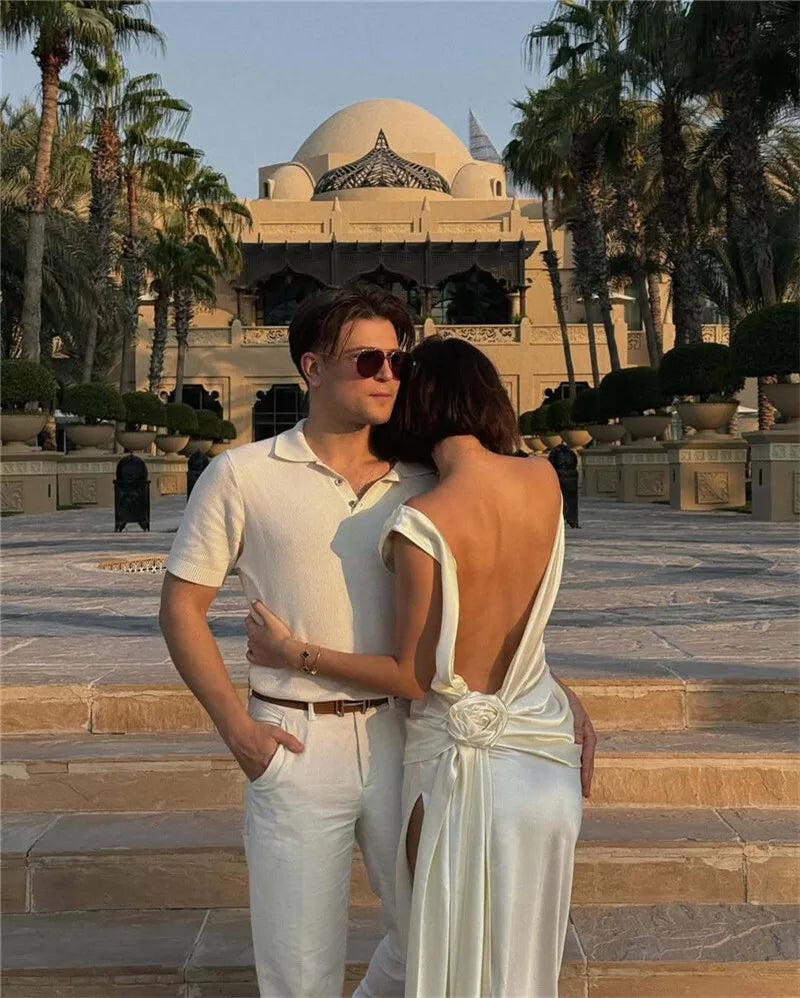 Satin Backless Sexy Maxi Dress For Women Elegant Rose Thigh High Split Beach Holiday Long Dress Gorgeous Club Gown