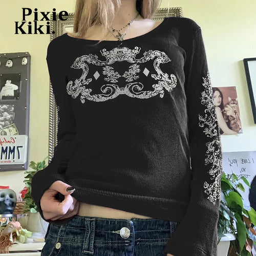 Load image into Gallery viewer, Dark Print Black Graphic T Shirts Y2k Streetwear Retro Crew Neck Full Sleeve Top Trending 2024 Fashion Women P67-BC15
