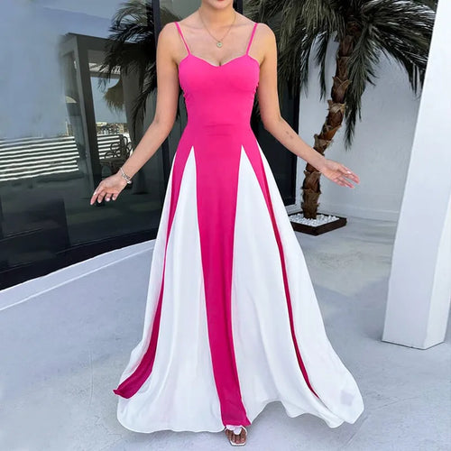 Load image into Gallery viewer, Patchwork Spaghetti Strap Maxi Dress For Women Color Contrast Slipdress Ladies Sleeveless Backless Loose Long Dress
