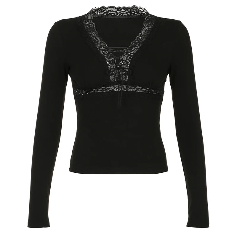 Vintage Gothic V Neck Knit Crop Women Tee Shirts Basic Chic Lace Trim Top Autumn T-shirt Cute Front Tie-Up Grunge