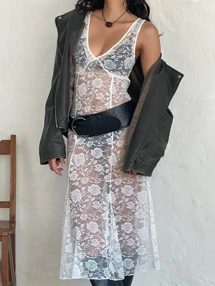 Sexy Lace Patchwork Printed Sleeveless Dress Women Perspective Slim Fit Backless Female Party Club Nightclub Vestidos