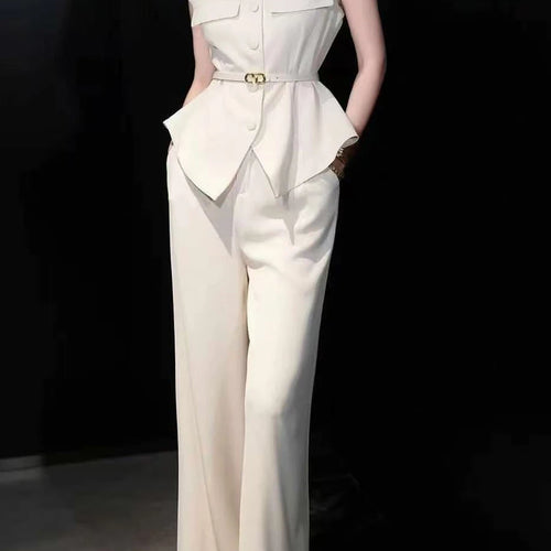 Load image into Gallery viewer, Solid Spliced Belt Two Piece Sets for Women Stand Neck Sleeveless Patchwork Button Top High Waist Pant Set Female
