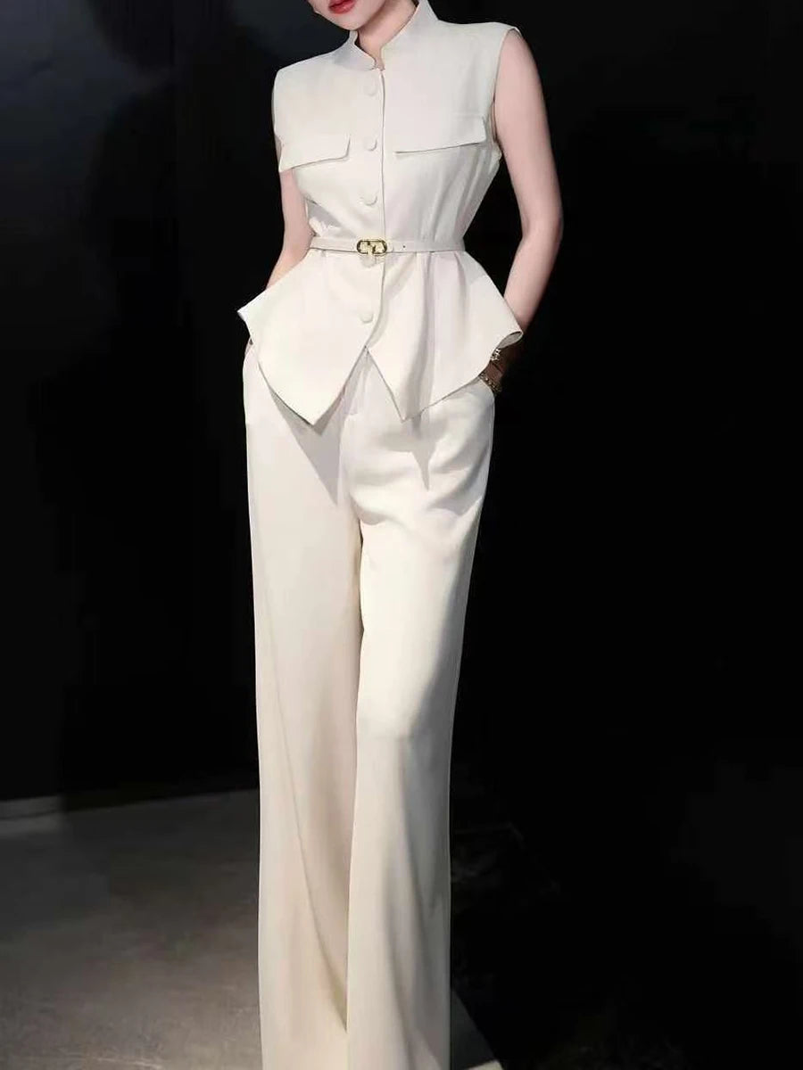 Solid Spliced Belt Two Piece Sets for Women Stand Neck Sleeveless Patchwork Button Top High Waist Pant Set Female