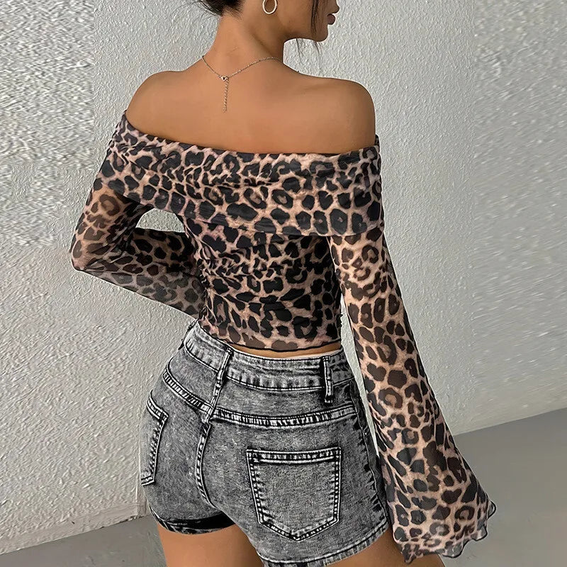 Leopard Print Long Sleeve T-shirt Women Off-shoulder Backless Crop Tops Female Fashion Printed Strapless Tees Tops