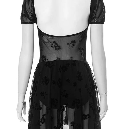 Load image into Gallery viewer, See Through Lace Sexy Mini Dress Women Patchwork Short Sleeve Square Collar Backless High Waist Pleated Club Dress
