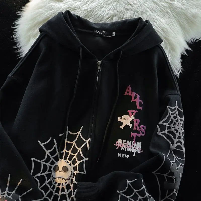 Spider Print Harajuku Sweatshirts Coats Women Clothes Streetwear BF Hoodies Chic Hooded Y2k Tops Casual Zipper Oversized Hoodie