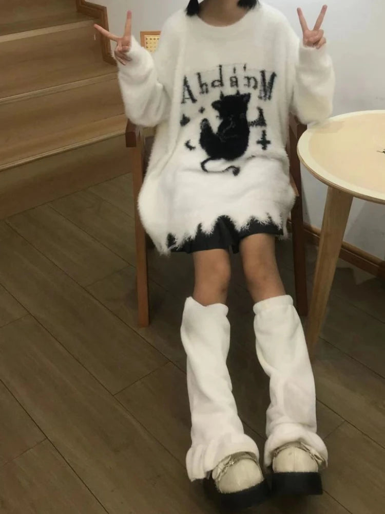 Oversized Harajuku Grunge Cartoon Jacquard Sweaters Streetwear Vintage Hole Jumpers 2025 Women Y2k Aesthetic Casual Pullovers