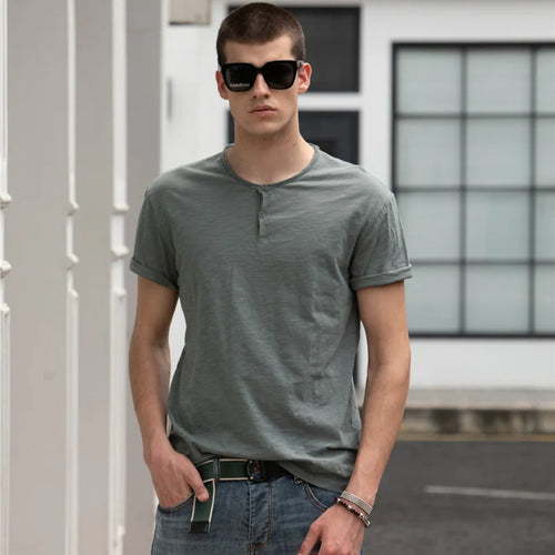 Load image into Gallery viewer, Solid Color Casual T-shirts Men O-neck Button Up 100% Cotton Mens T Shirt 2021 New Summer Quality Classic Top Tees Men
