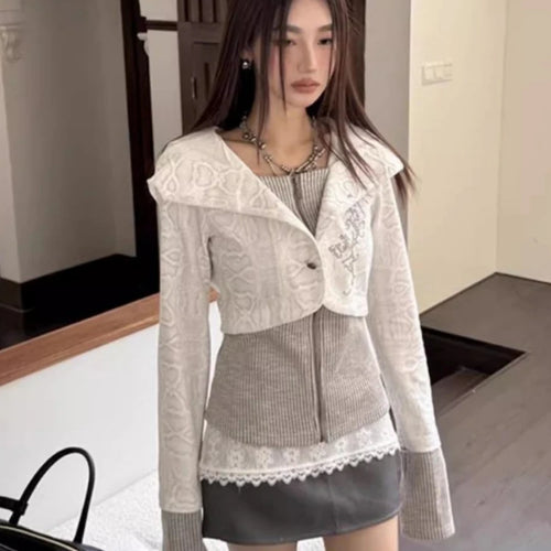 Load image into Gallery viewer, Y2k Aesthetic Fake Two Pieces Zipper Jackets Streetwear Casual Hooded Print Tops Vintage Patchwork Bodycon Coats Women Harajuku
