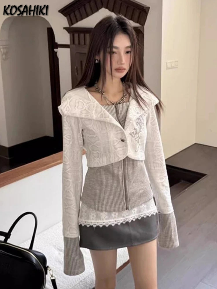 Y2k Aesthetic Fake Two Pieces Zipper Jackets Streetwear Casual Hooded Print Tops Vintage Patchwork Bodycon Coats Women Harajuku