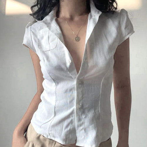 Load image into Gallery viewer, Fashion Chic White Slim Women Blouse Top Short Basic Solid Buttons Puff Sleeve French Korean Shirt Girls Kawaii 2025
