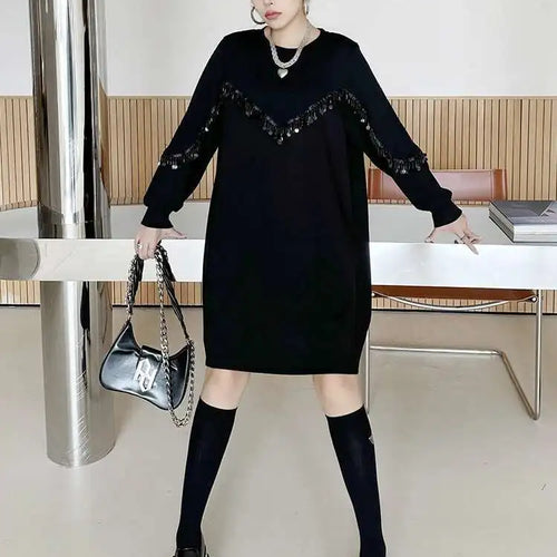 Load image into Gallery viewer, Women Black Sequins Big Size Knee-Length Casual Dress New Round Neck Long Sleeve Fashion Tide Spring Autumn 2025 1DH8736
