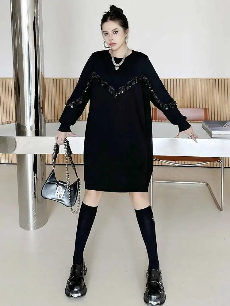 Women Black Sequins Big Size Knee-Length Casual Dress New Round Neck Long Sleeve Fashion Tide Spring Autumn 2025 1DH8736