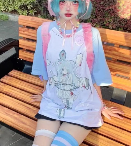 Women Clothing Japanese T Shirts Contrast Color Anime Print Y2k Tops Fashion Tees Casual Fashion Oversized Tshirts Ropa Mujer