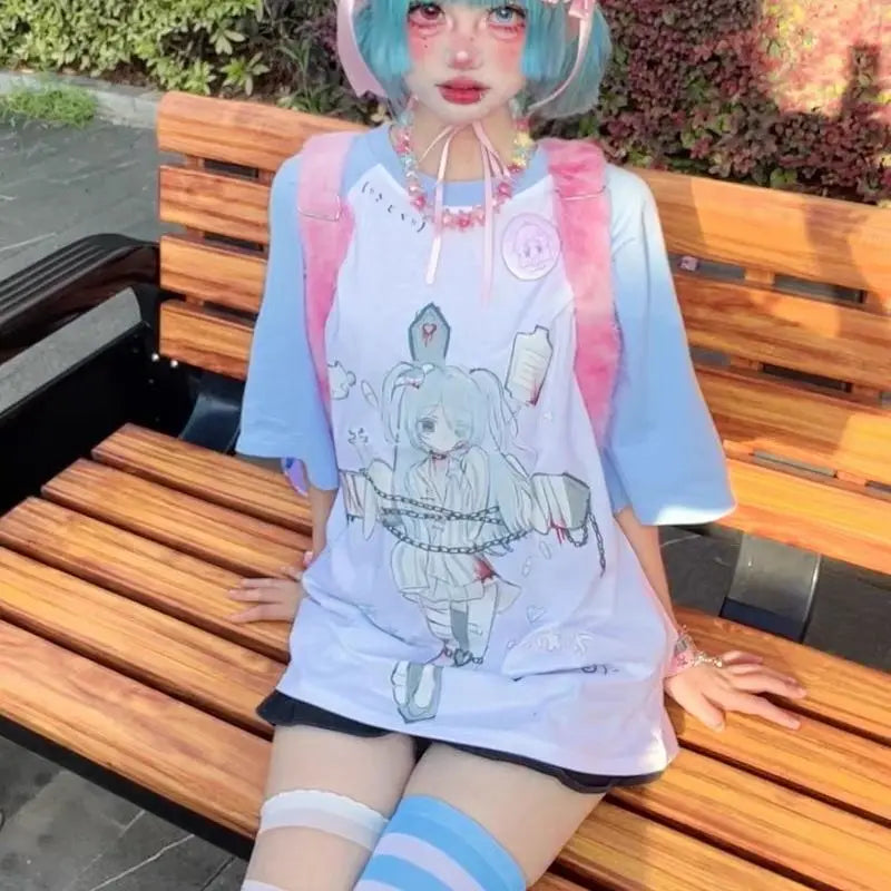 Women Clothing Japanese T Shirts Contrast Color Anime Print Y2k Tops Fashion Tees Casual Fashion Oversized Tshirts Ropa Mujer