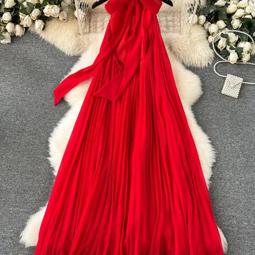 Load image into Gallery viewer, Red Loose Halter Bandage Long Dresses French Elegant Women's Summer Vacation Dress Off Shoulder Sleeveless Pleated Sundress Chic
