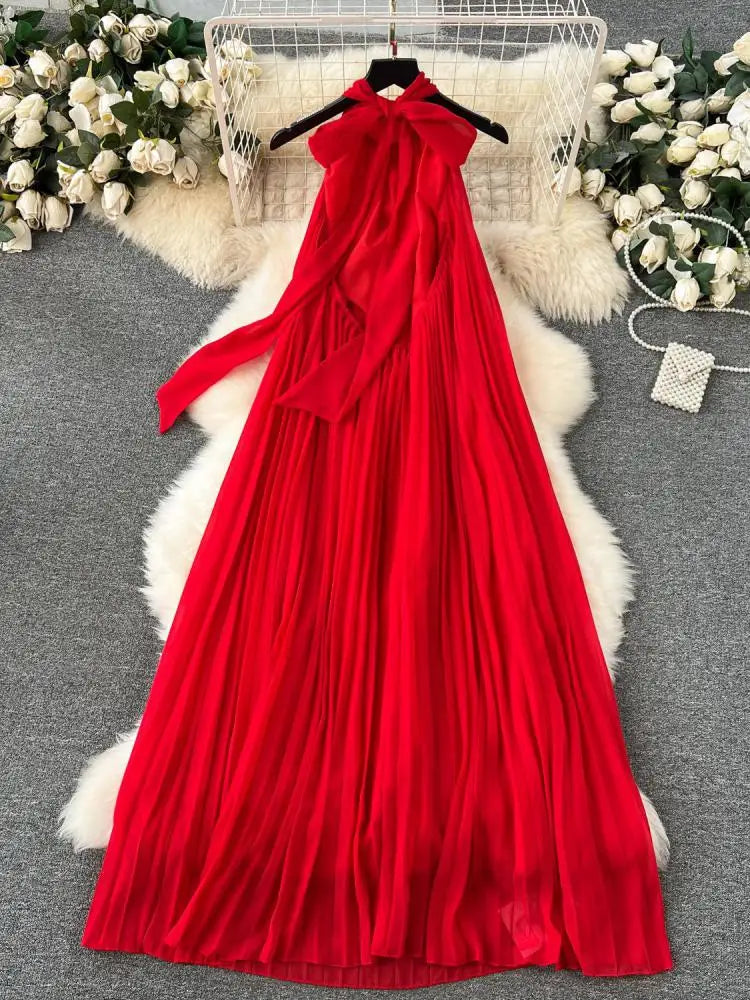 Red Loose Halter Bandage Long Dresses French Elegant Women's Summer Vacation Dress Off Shoulder Sleeveless Pleated Sundress Chic