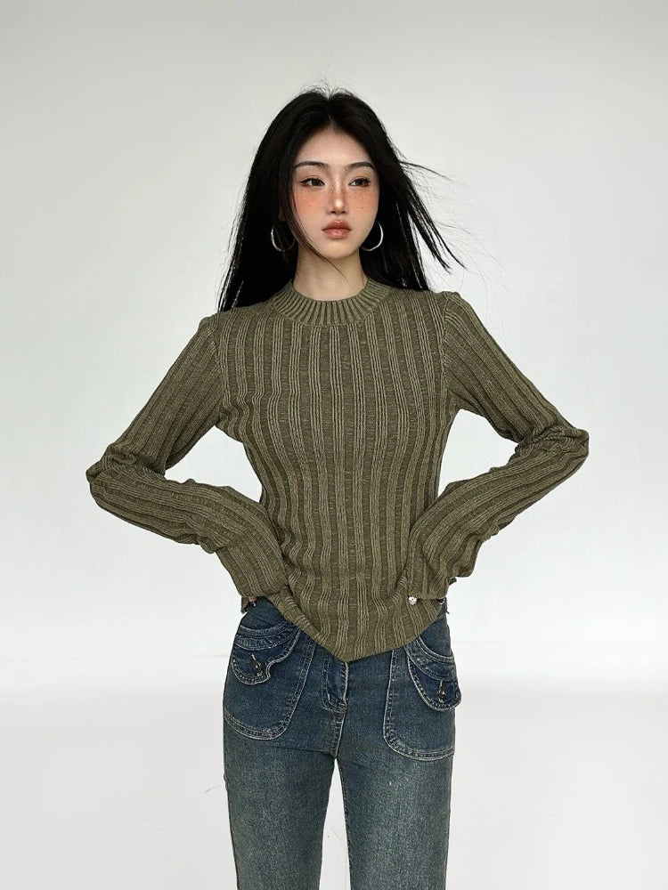 Women Y2k Aesthetic Slim Knitwear Sweet Sweaters 2025 Vintage Solid Streetwear Jumpers Screw Thread Grunge Harajuku Pullovers