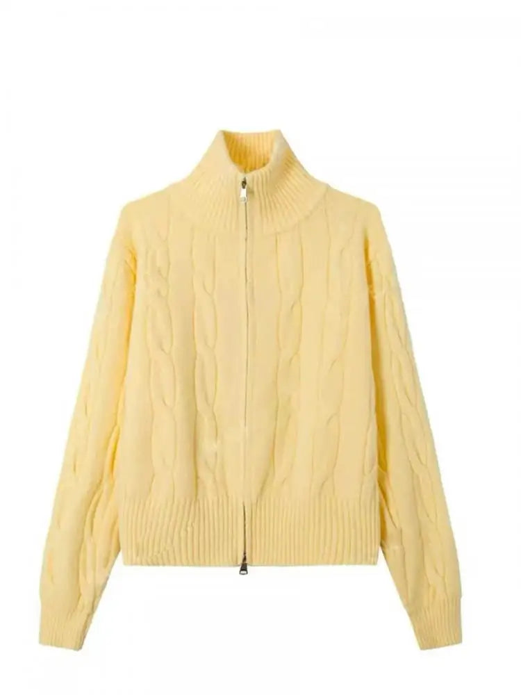 Vintage Elegant Women's Solid Knitted Cardigan Twists Sweater Autumn And Winter Long Sleeved Double Zipper Short Crochet Tops