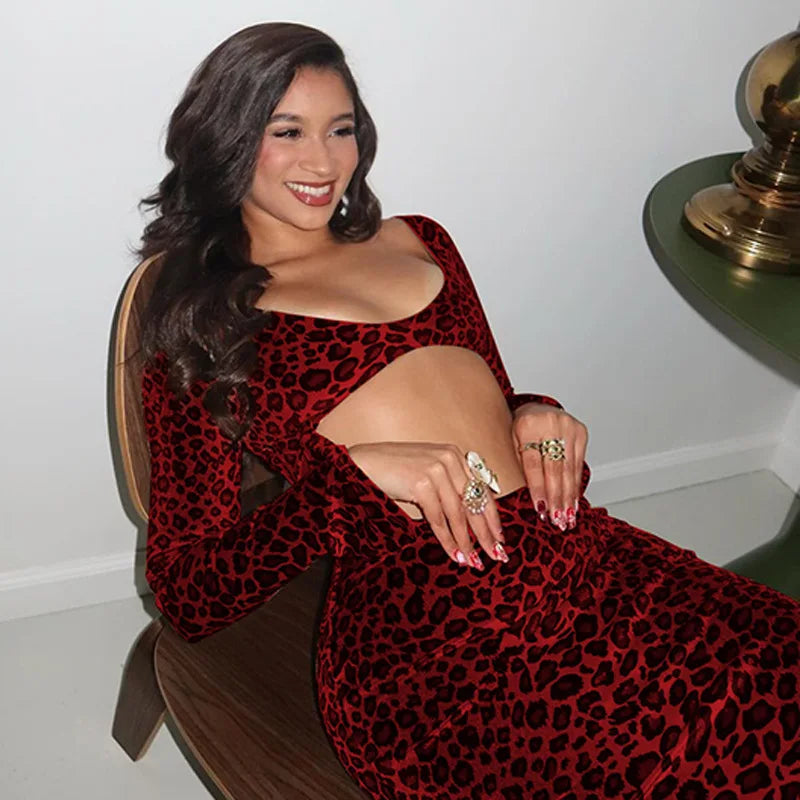 Leopard Print Long Sleeve Sexy Maxi Dress For Women Fashion Hollow Out Bodycon Printed Sexy Long Dress Elegant