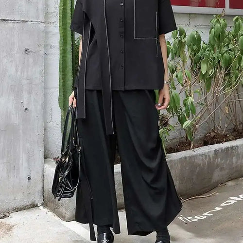 Load image into Gallery viewer, Women Black Topstitched Ribbon Big Size Blouse New Lapel Short Sleeve Shirt Fashion Tide Spring Summer 2025 1DJ0411
