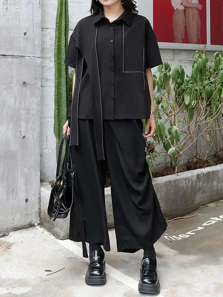 Women Black Topstitched Ribbon Big Size Blouse New Lapel Short Sleeve Shirt Fashion Tide Spring Summer 2025 1DJ0411