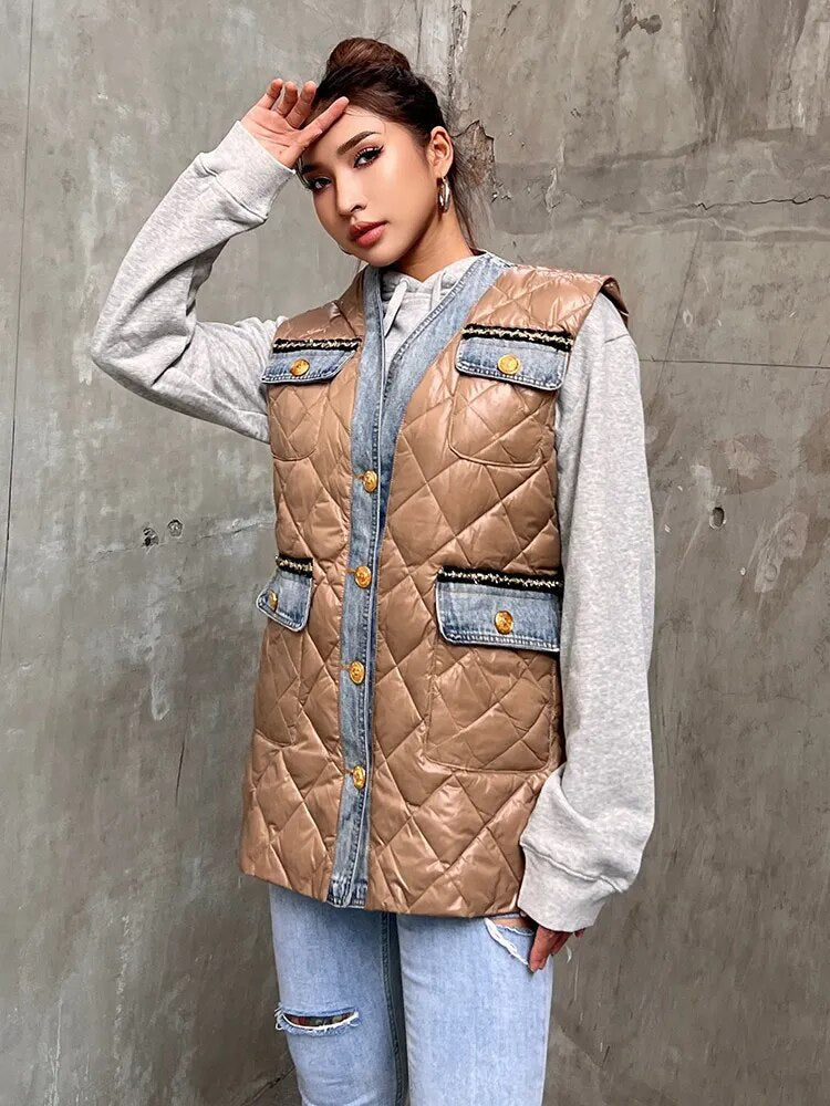 Casual Thick Vest For Women V Neck Sleeveless Solid Minimalist Single Breasted Jackets Female Winter Clothing