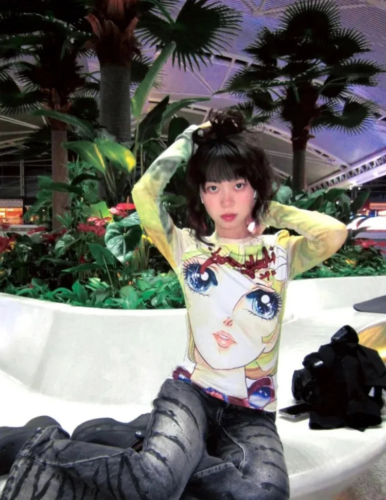 Japanese Grunge Fairy Cartoon Print Harajuku Tops T-shirt Women Streetwear Kawaii Cropped TshirtsY2k Aesthetic Vintage Cute Tees