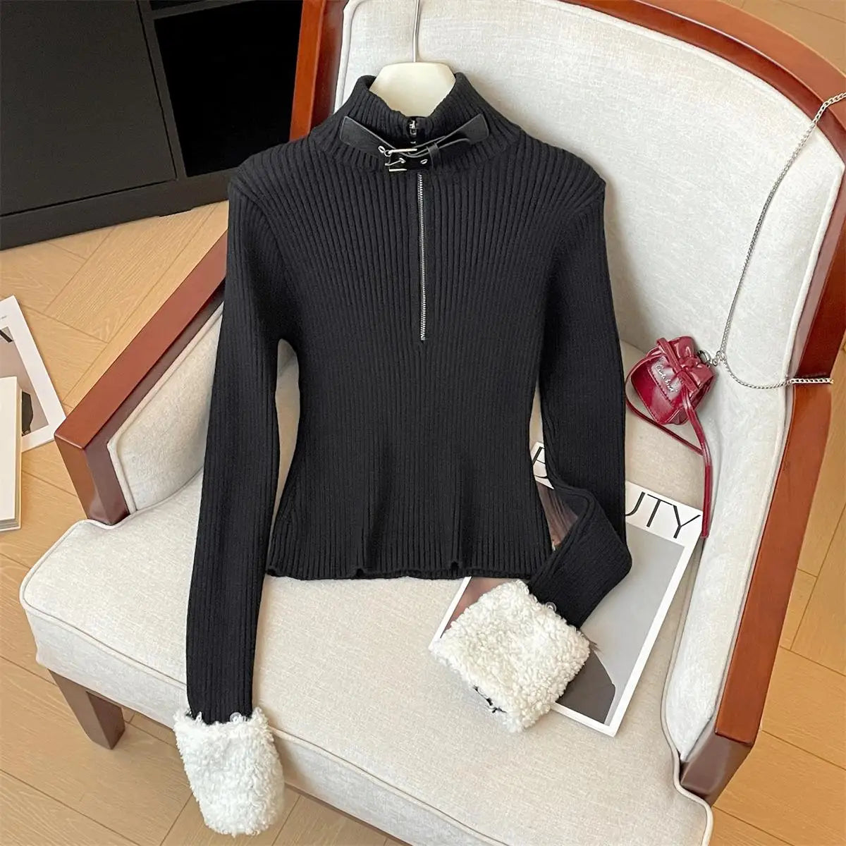 Korean Fashion Autumn Winter Black Elegant Long Sleeves Knit Sweater Women's Beige Half Zipper Pullover Short Tops Popular Trend