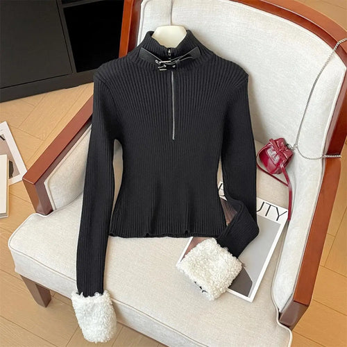 Load image into Gallery viewer, Autumn Winter 2025 Black Half Zipper Pullover Fashion Short Sweater Women Beige Long Sleeve Office Knitwear Warm Tops Clothing
