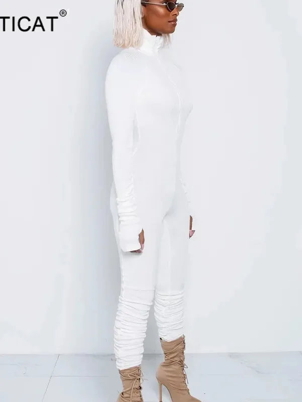 Turtleneck Zipper Skinny Jumpsuit Women Long Sleeve One Piece Neon Orange Bodysuit Female Running Fitness Outfits