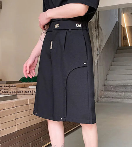 Trend Men's Casual Shorts Fashion Metal Buckle Double Waist Design Solid Color Summer Loose Short Baggy Trousers 9A3016