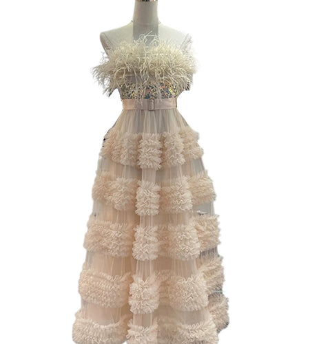 Solid Spliced Feather Slimming Dresses For Women Strapless Sleeveless High Waist Patchwork Mesh Dress Female New