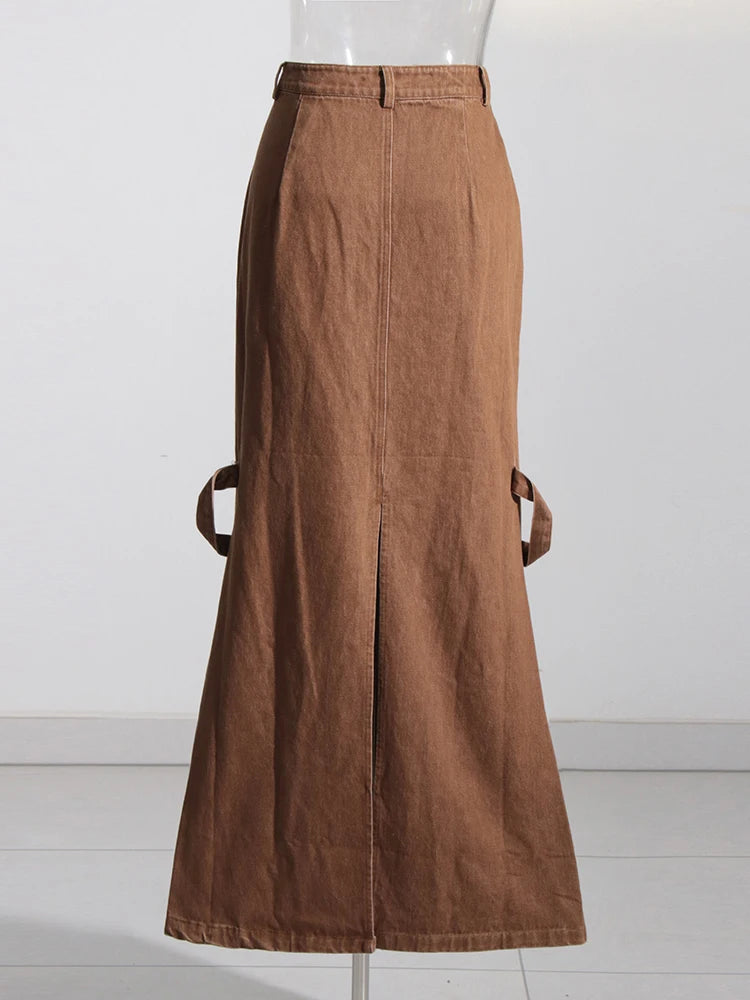 Solid Patchwork Pockets Denim Skirts For Women High Waist Patchwork Zipper Split  A Line Bodycon Skirt Female Style