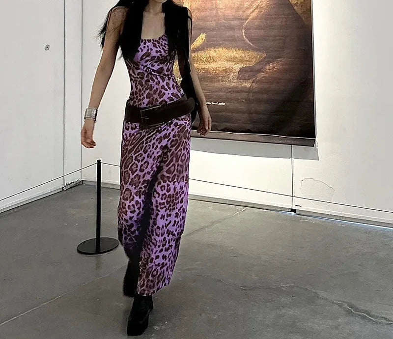 Purple Leopard Print Summer Dress Y2k Sexy Lace Up Spaghetti Strap Backless Long Maxi Dresses Woman 2024 P95-BI30