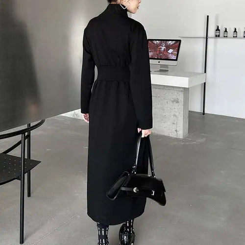 Load image into Gallery viewer, Women Black Zipper Irregular Hem Slit Midi Dress New Turtleneck Long Sleeve Fashion Tide Spring Autumn 2025 1DH9354
