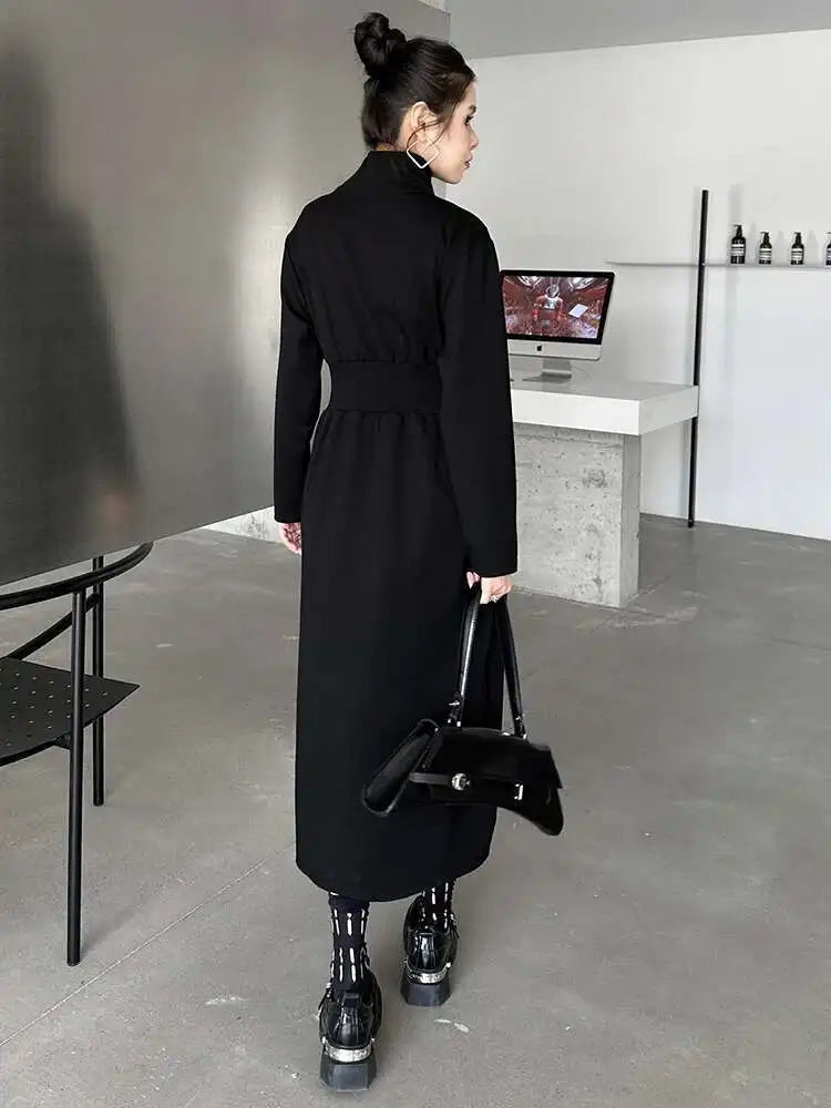 Women Black Zipper Irregular Hem Slit Midi Dress New Turtleneck Long Sleeve Fashion Tide Spring Autumn 2025 1DH9354