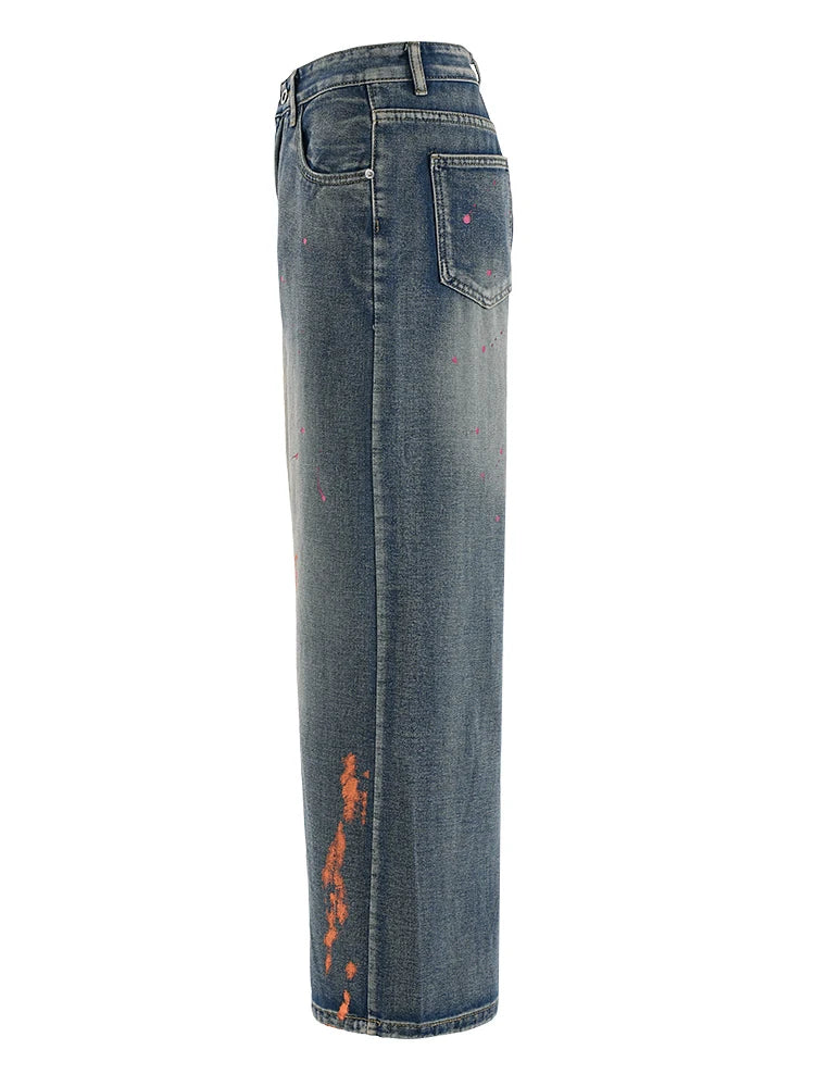 High Waist Blue Denim Painted Long Casual Wide Leg Jeans New Women Trousers Fashion Tide Spring Autumn 2025 CPG2279
