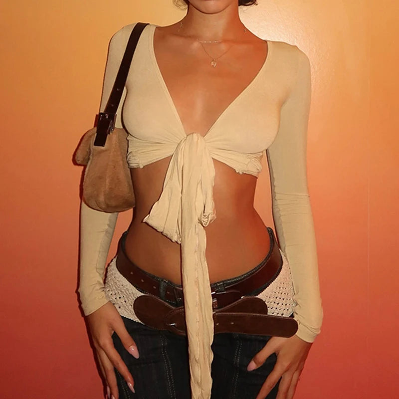 Casual Summer Solid Basic Smock T-shirts Women Tie Up Cardigan Long Sleeve Cropped Tops All Match Skinny Clothes Chic