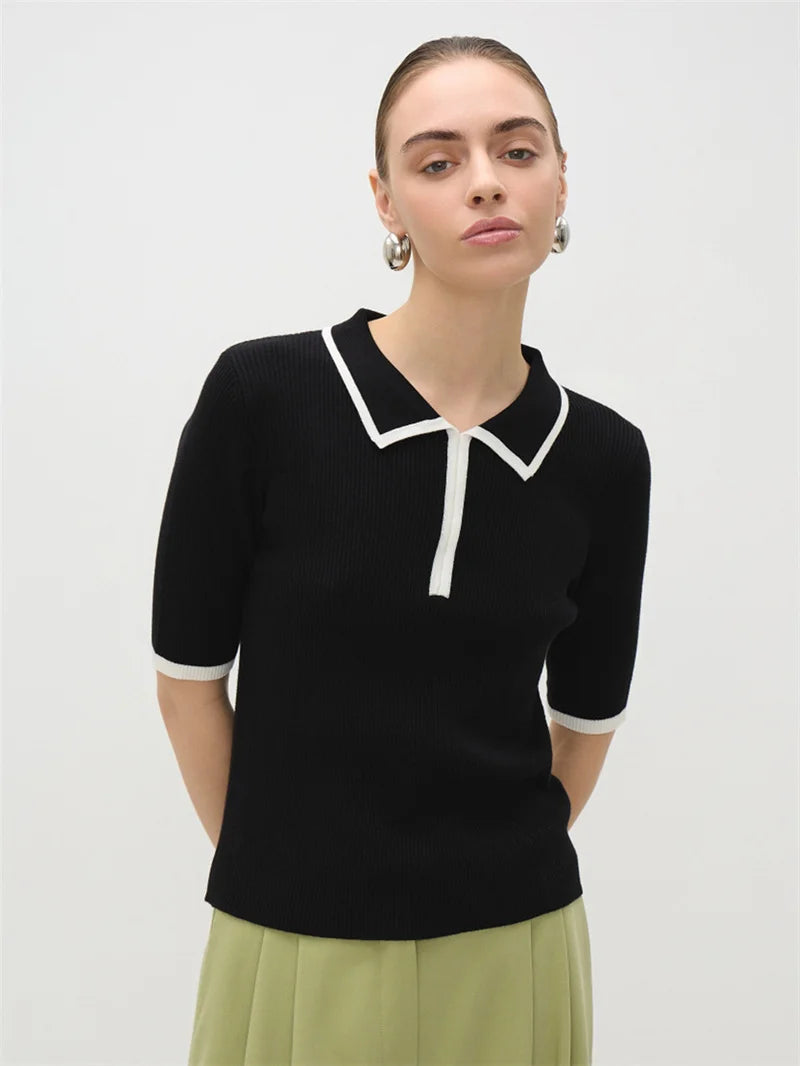 Short Sleeve Knit T-shirt Women Sweater Pullovers Summer Female Patchwork Ribbed Lapel Slim Knitted Tops Sweaters