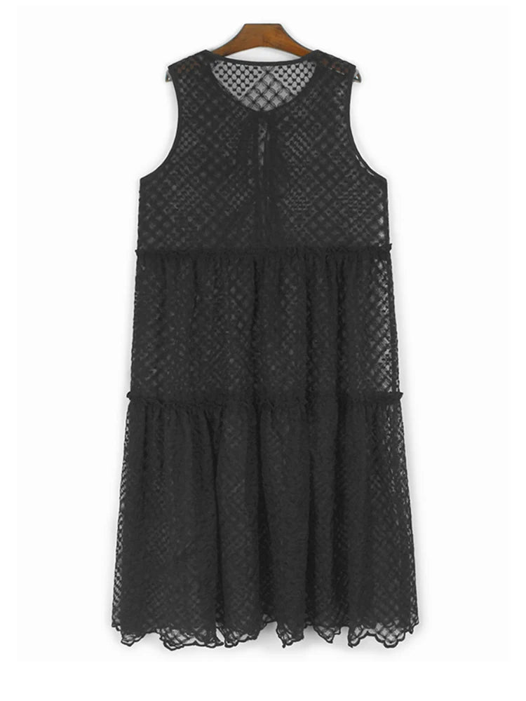Women Black Mesh Bandage Perspective Elegant Vest Dress New Round Neck Sleeveless Fashion Spring Summer  2025  1DJ0918