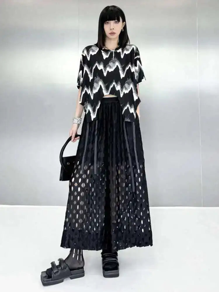 High Elastic Waist Black Hollow Out Casual Long Wide Leg Pants New Trousers Women Fashion Tide Spring Autumn 2025 1DH6468